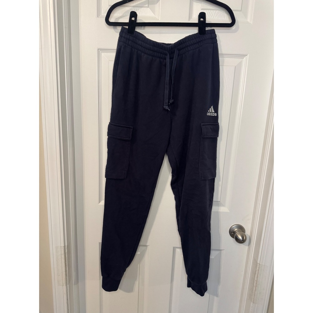 Adidas Mens Navy Blue Cargo Jogger Sweatpants Medium Fleece Tapered Pockets